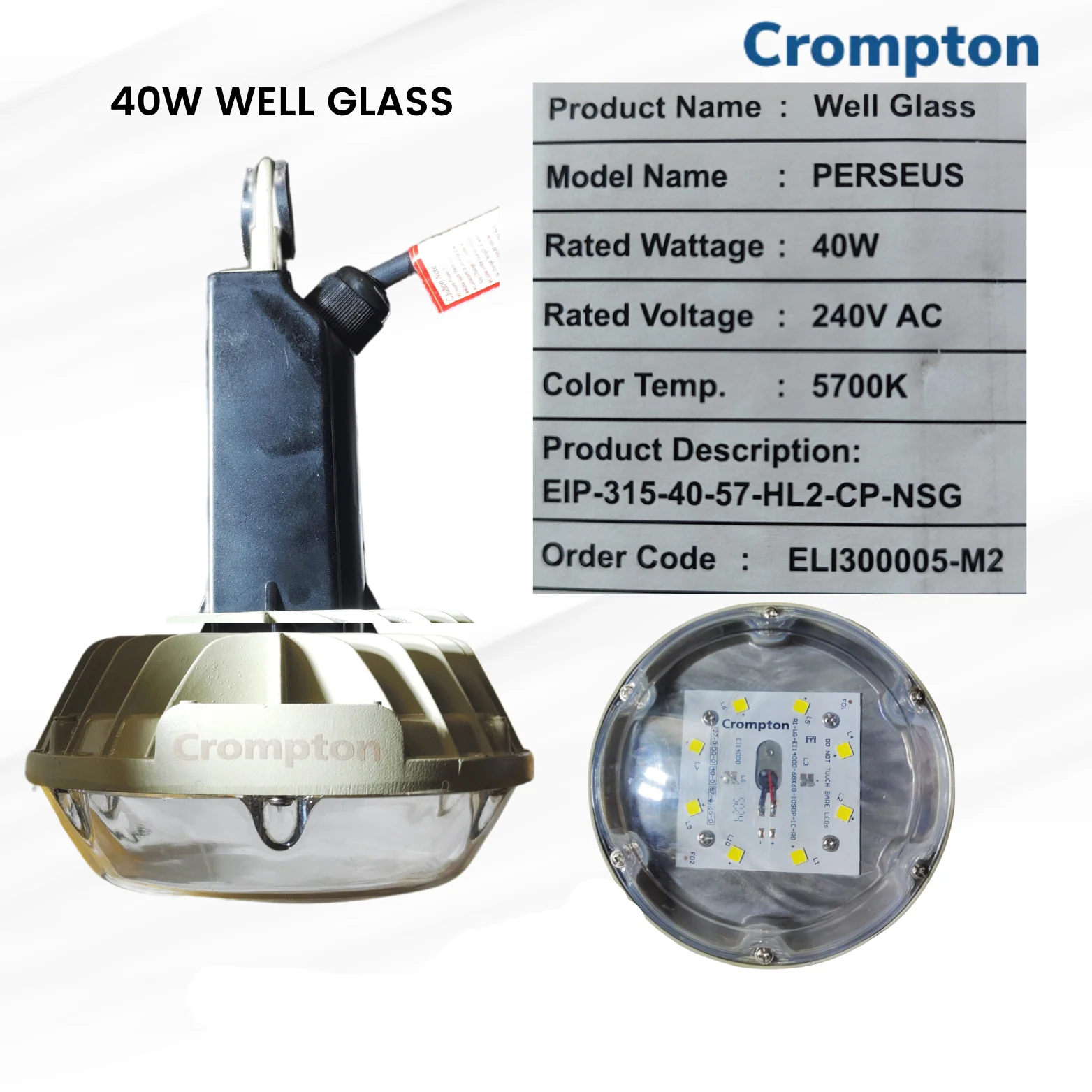 Crompton 40W LED Well Glass Light – Model EIP-315-40-57-HL2-CP-NSG | IP65 Industrial & Outdoor Lighting Fixture - Image 3