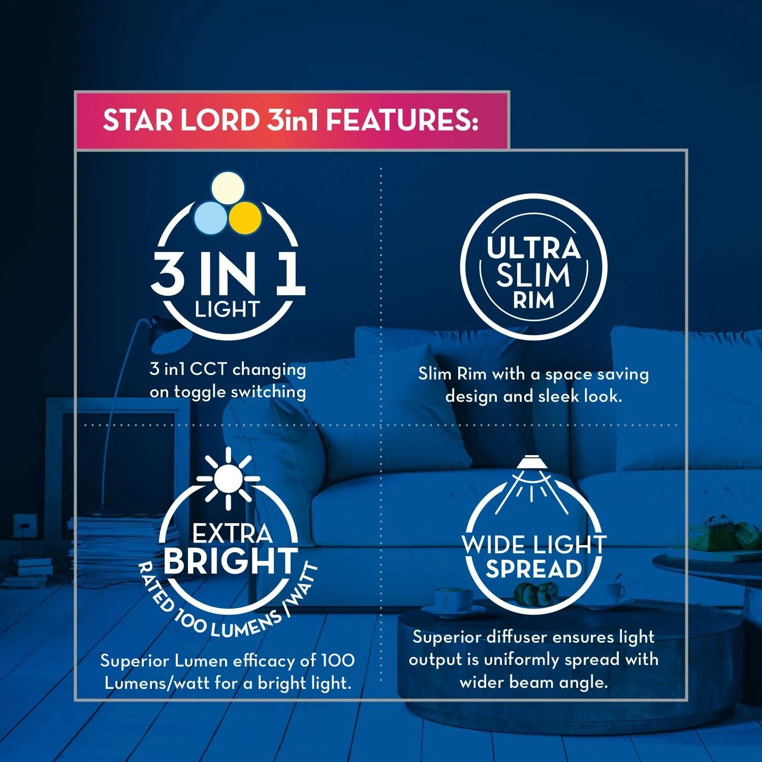 Crompton Platina Star Lord 3-in-1 10W Square LED Panel Light | Tunable White | Ultra Slim Recessed Light | Cut Out- 5-inch - Image 4