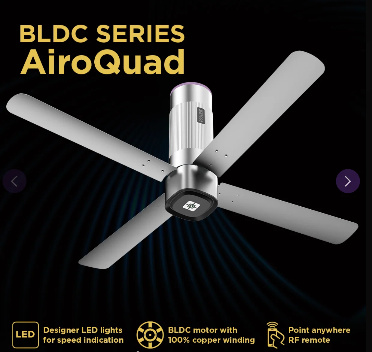 EcoLink AiroQuad Galactic Silver BLDC Ceiling Fan | 1200mm Energy-Saving 5-Star Rated Fan with Remote Control