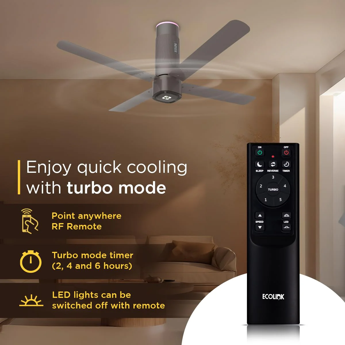 EcoLink AiroQuad Titanium Grey BLDC Ceiling Fan | 1200mm Energy-Saving 5-Star Rated Fan with Remote Control - Image 6