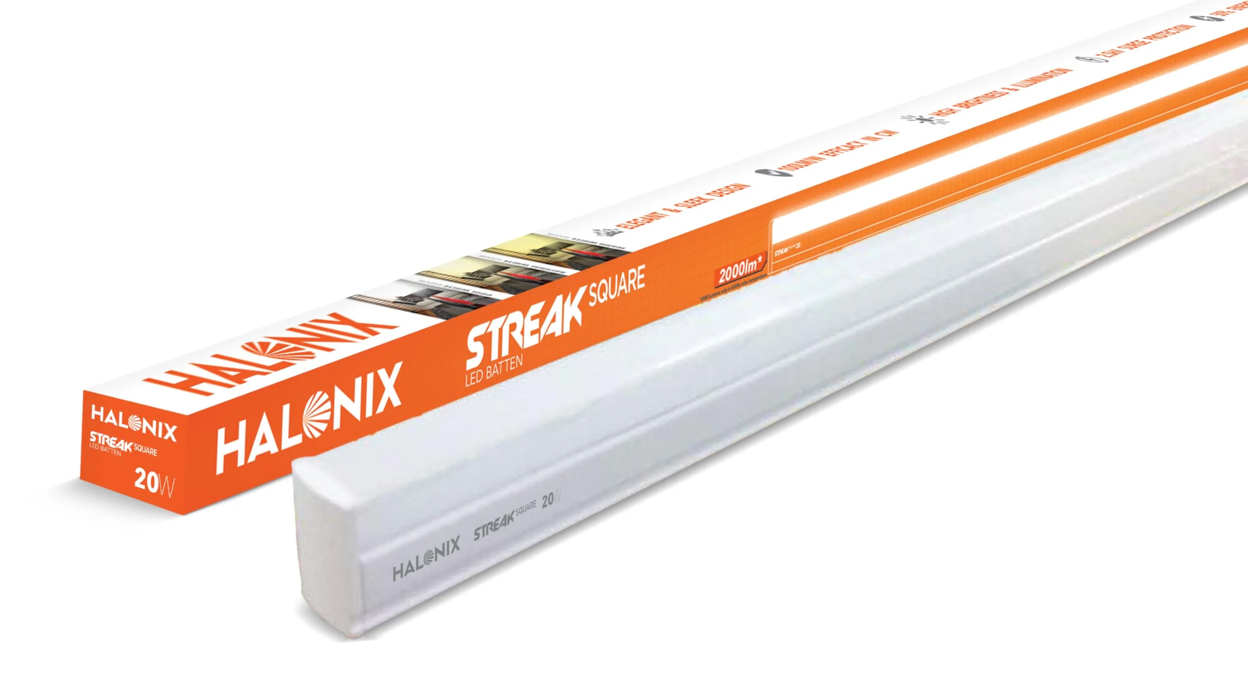 Halonix 20W LED Batten Light 4Ft Pack of 20 | Streak Square LED Tubelight | 6500K Cool Daylight | LED Tube for Home & Office