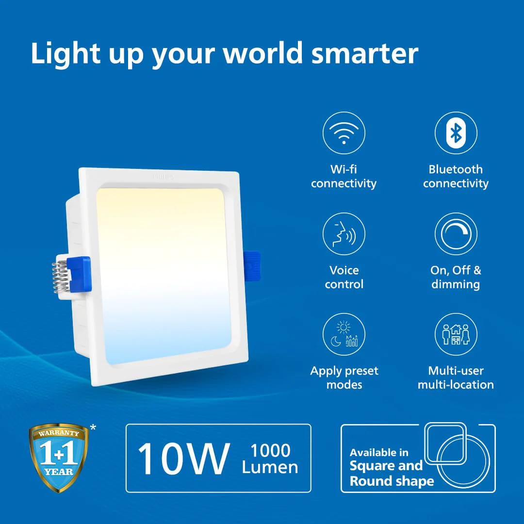 Philips 10W Wiz Neo Prime Wi-Fi Smart LED Square Ceiling Light | Music Sync, Alexa & Google Assistant Compatible | Tunable White for Modern Homes | 4.17-Inch Cut-Out - Image 3