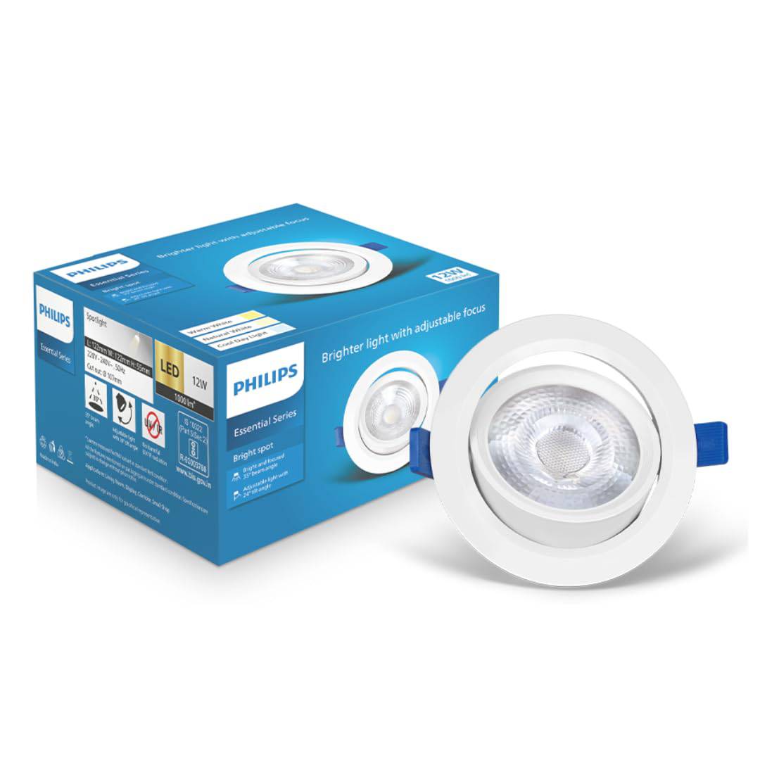 Philips 12 Watt LED COB Round Spot Light with Adjustable Tilt, Cut out: 107mm | Cool Day Light | Model - Bright Spot