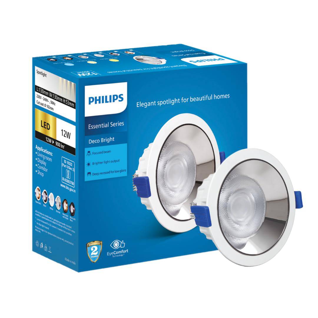 Philips 12W LED COB Spot Light with Chrome Reflector & Focused Beam Cool Day Light | Cut out: 102mm | Model - Deco Bright