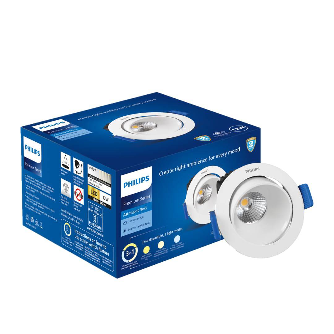 Philips 12-watt Round LED COB Spot Light | 3 Colors in 1 Astra Spot LED Spotlight | Adjustable and Tiltable | Cut Out: 84mm, Color: Tunable White