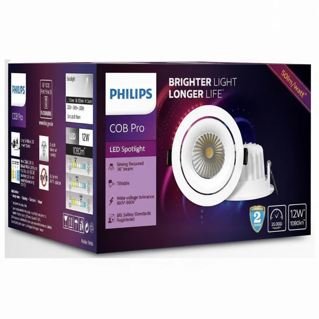 Philips 12W LED COB Pro Downlight – 3000K Warm White | Recessed LED COB Light for Homes, Offices & Commercial Spaces