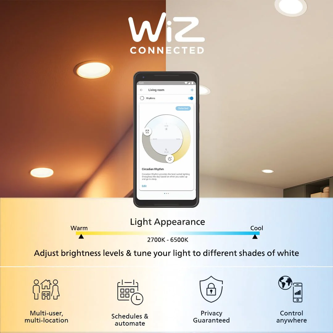 Philips 15W Wiz Neo Prime Wi-Fi Smart LED Square Ceiling Light | Music Sync, Alexa & Google Assistant Compatible | Tunable White for Modern Homes | 6-Inch Cut-Out - Image 5