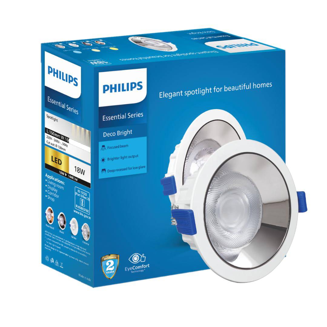 Philips 18W LED COB Spot Light with Chrome Reflector & Focused Beam Cool Day Light | Cut out: 138mm | Model - Deco Bright
