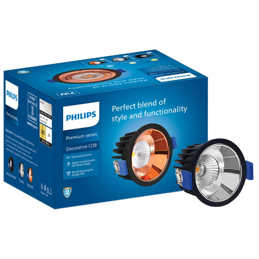 PHILIPS 7W Round Decorative COB LED Spotlight with Chrome Reflector | Cut Out: 2.44inch, Warm White - Image 2