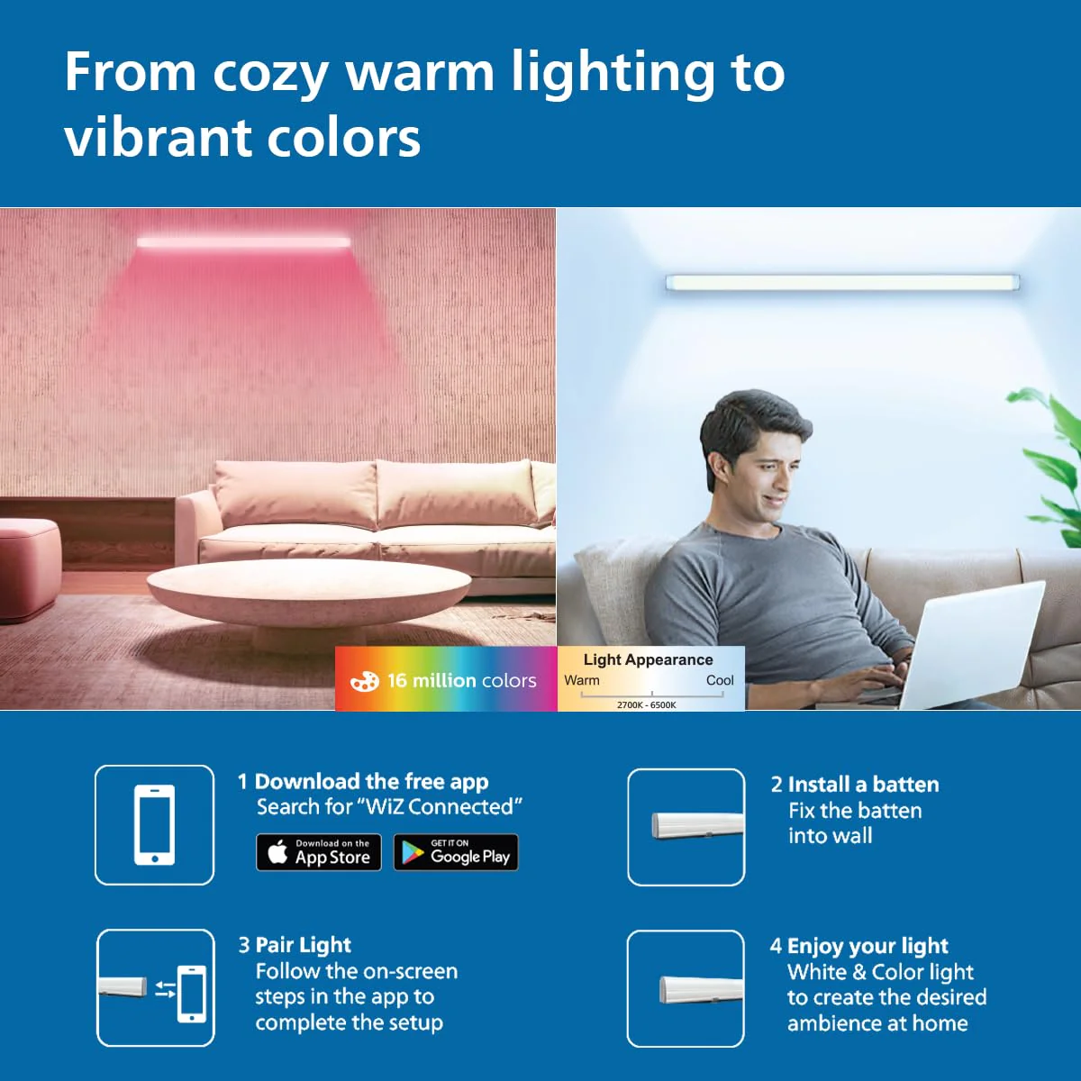 PHILIPS 20-Watt Smart Wi-Fi (WiZ Connected) LED Tubelight | Shades of White + 16M Colours + Dimmable + Pre-Set Modes | Compatible with Amazon Alexa and Google Assistant, Length : 3-Feet - Image 4