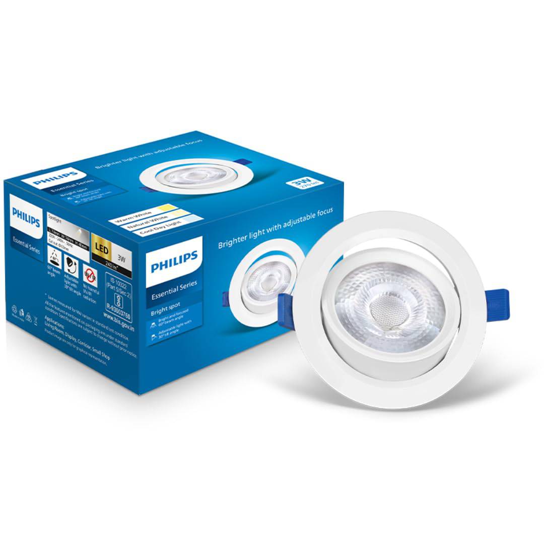 Philips 3 Watt LED COB Round Spot Light with Adjustable Tilt, Cut out: 63mm | Cool Daylight | Model - Bright Spot