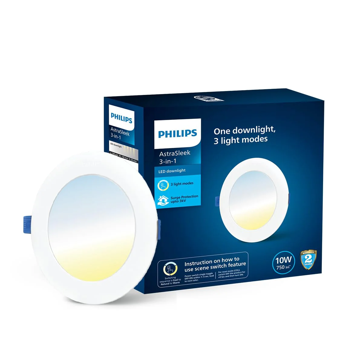 PHILIPS Astra Sleek 10W Round LED Downlighter | 3-in-1 Tunable White LED Ceiling Light | Recessed Mount | Cut-Out: 4.3 Inch