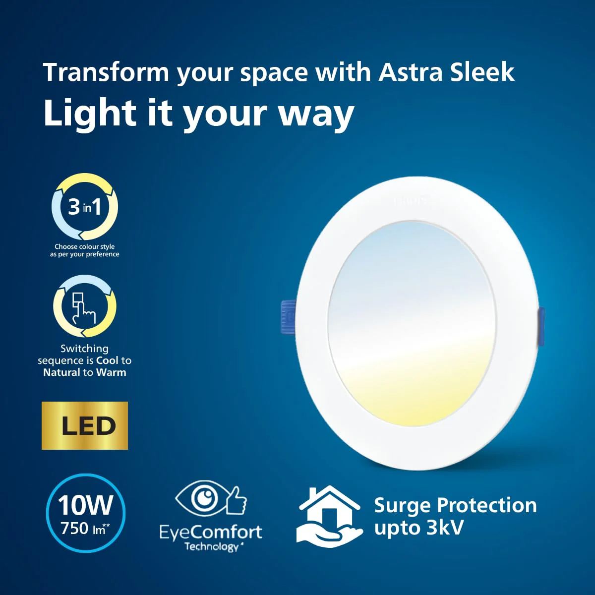 PHILIPS Astra Sleek 10W Round LED Downlighter | 3-in-1 Tunable White LED Ceiling Light | Recessed Mount | Cut-Out: 4.3 Inch - Image 2