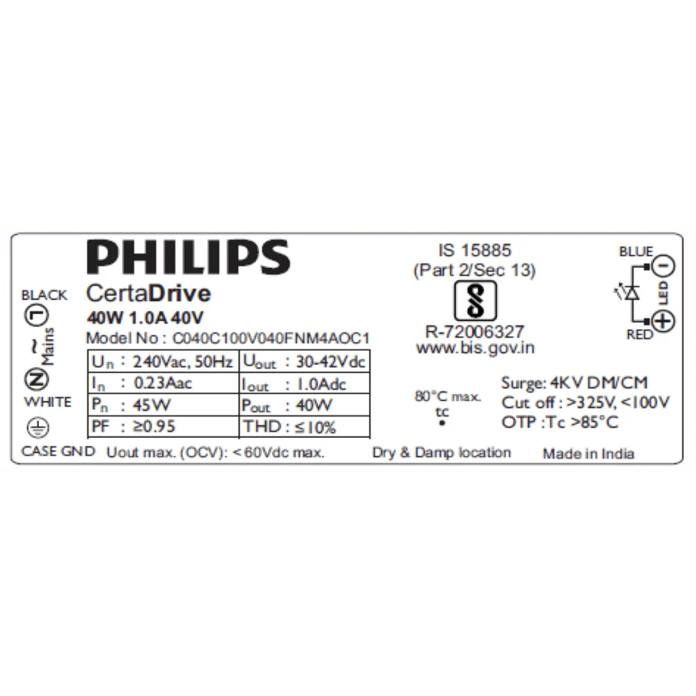Philips CertaDrive 40W 1A 40V LED Driver | Original Philips Constant Current Power Supply for Indoor LED Lighting (Model 929003423606) - Image 2
