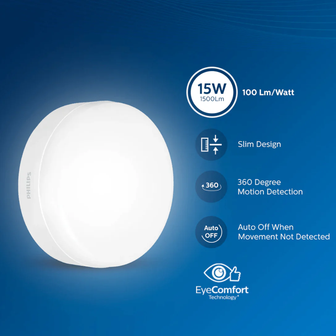 Philips 15-watt Full Glow Motion Sensor LED Surface Downlighter | Round Natural White Ceiling Light | Energy Efficient with Auto On/Off - Image 2