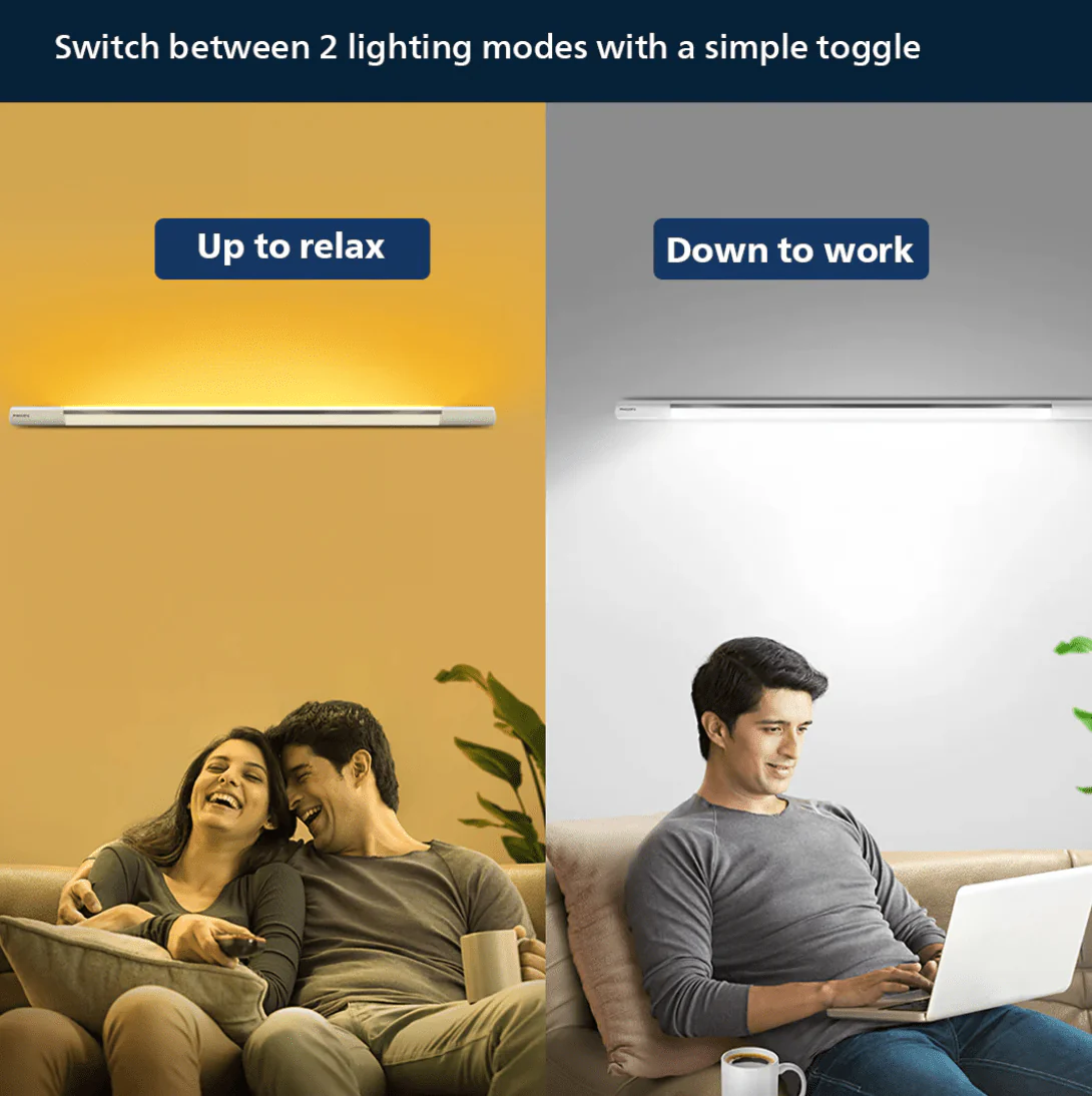Philips polycarbonate Twinglow 20-Watt +20-Watt LED Up-Down Batten Tubelight (Yellow Uplight - Relax Mode and White Downlight- Work Mode) - Image 3