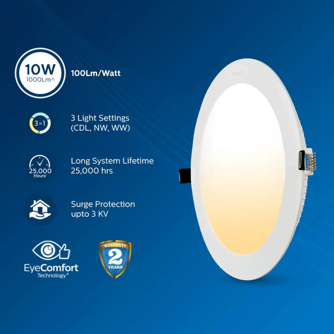 Philips Ultra Glow 10-watt Round LED Downlighter | 3 Colors in 1 Recessed LED Downlight | LED Ceiling Light for Home and Hall | Cut Out: 4 inch, Color: Tunable White - Image 5