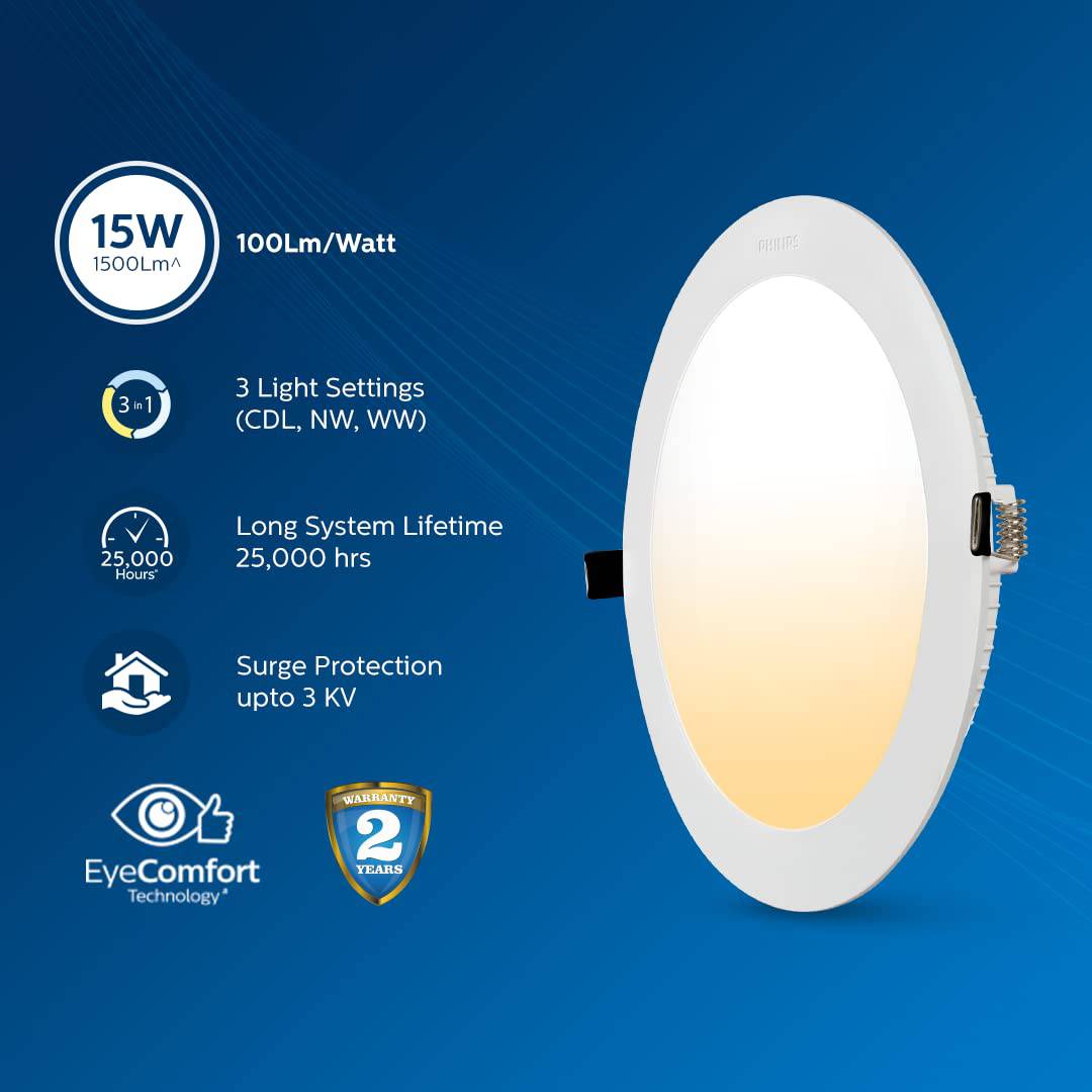 Philips Ultra Glow 15-watt Round LED Downlighter | 3 Colors in 1 Recessed LED Downlight - Image 2